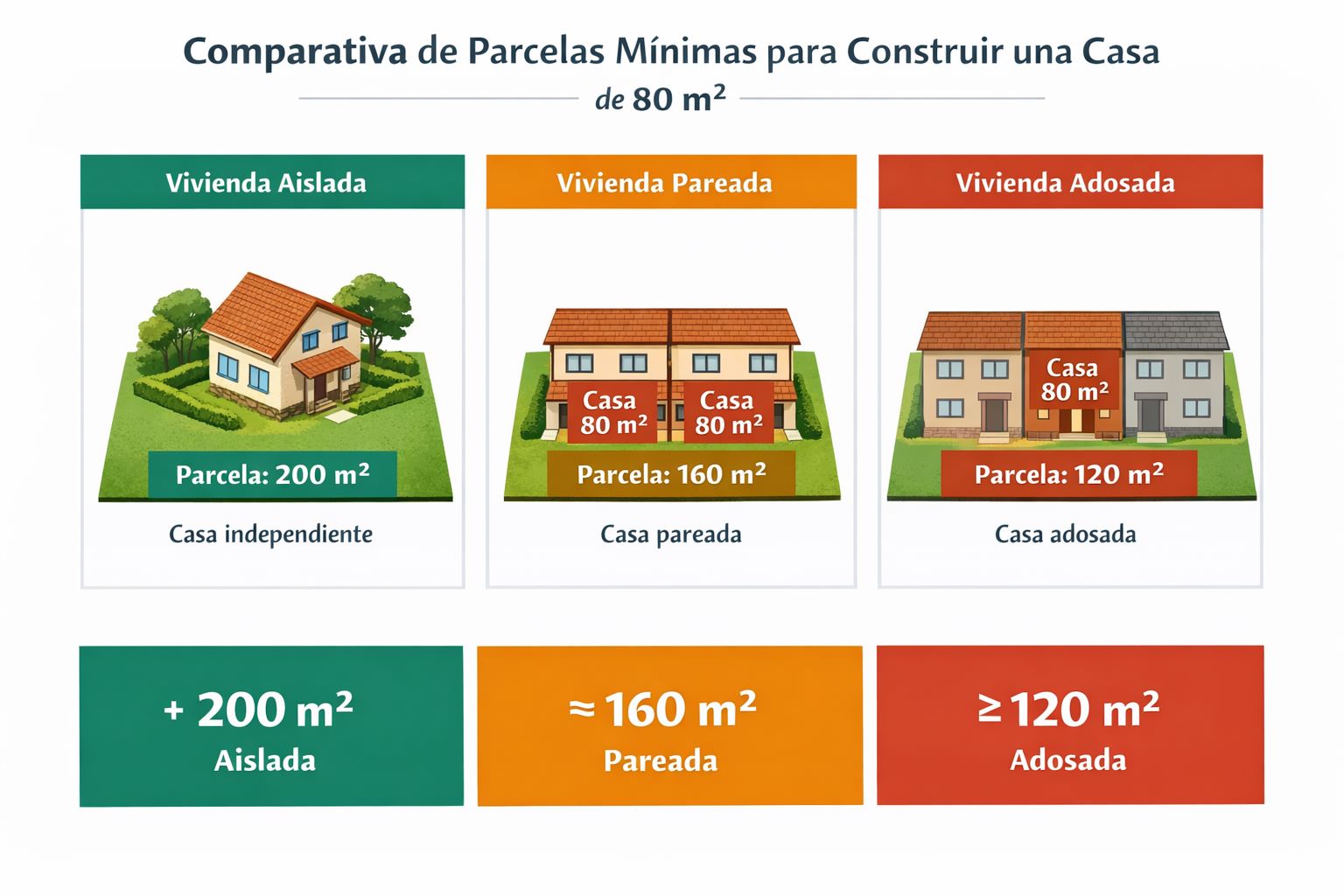 Comparativa de parcelas mínimas para construir una casa de 40 m² y 80 m² Infografía comparativa de parcelas mínimas de 120 m², 192 m² y 221 m² para construir una casa de 40 m² o 80 m² según normativa urbanística.