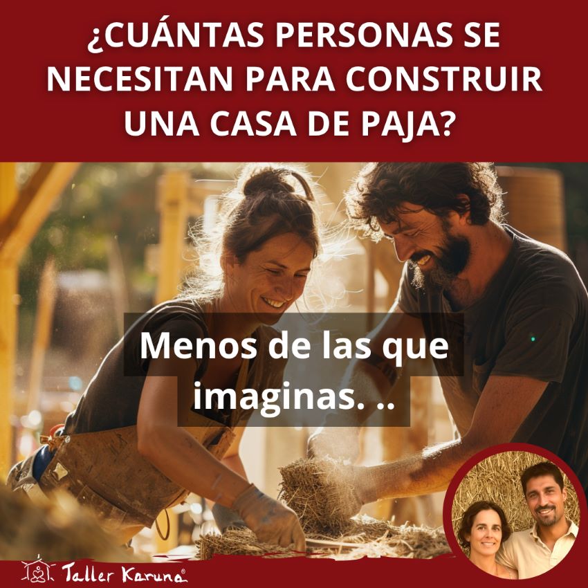 Pareja construyendo una casa de balas de paja en un entorno natural durante el proceso de autoconstrucción