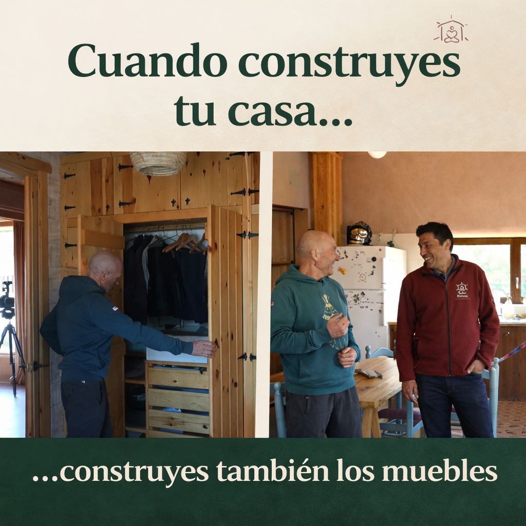 Interior de una casa de bioconstrucción con madera natural donde dos hombres observan el espacio de cocina-comedor durante una visita guiada en una vivienda ecológica construida con paja.